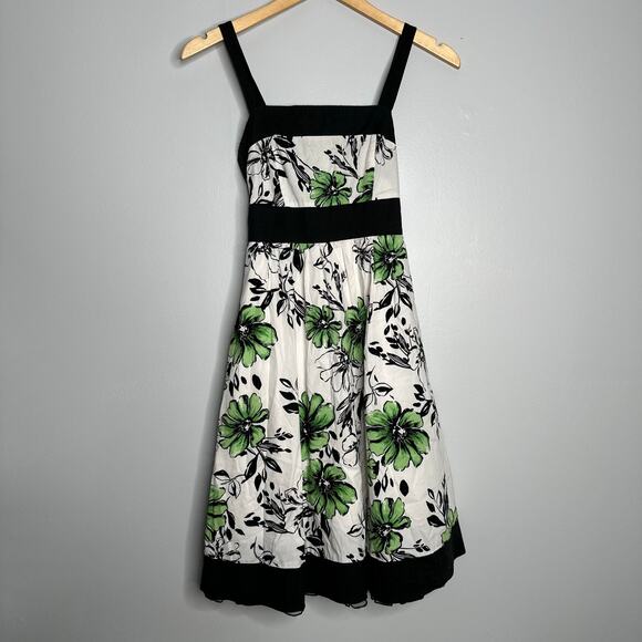 Ruby Rox Women's Y2K Black, White + Green Floral Print Tie Back‎ Flare Dress 3 - Picture 1 of 9